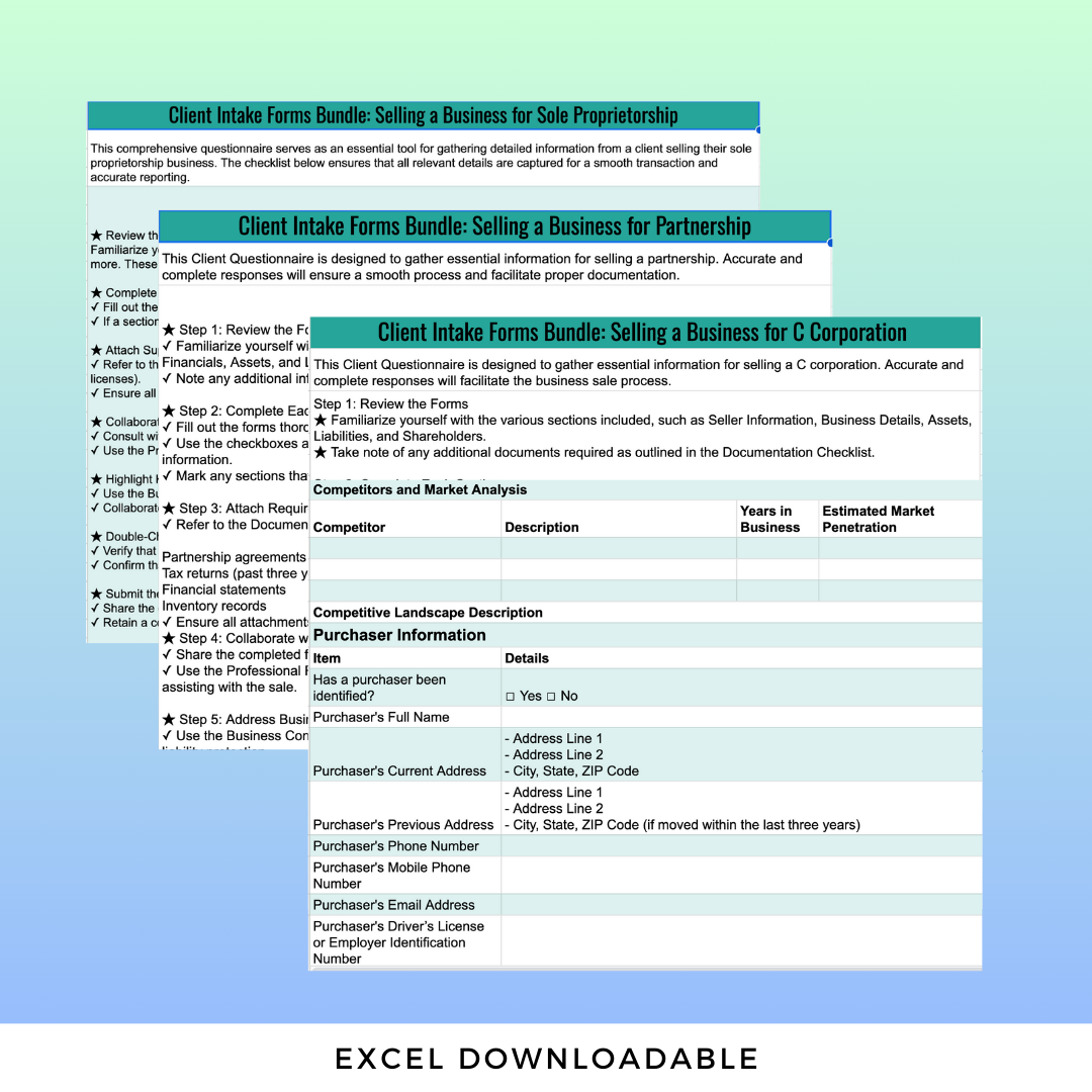 Client Intake Forms Bundle: Selling a Business for C Corporation, Partnership, and Sole Proprietorship