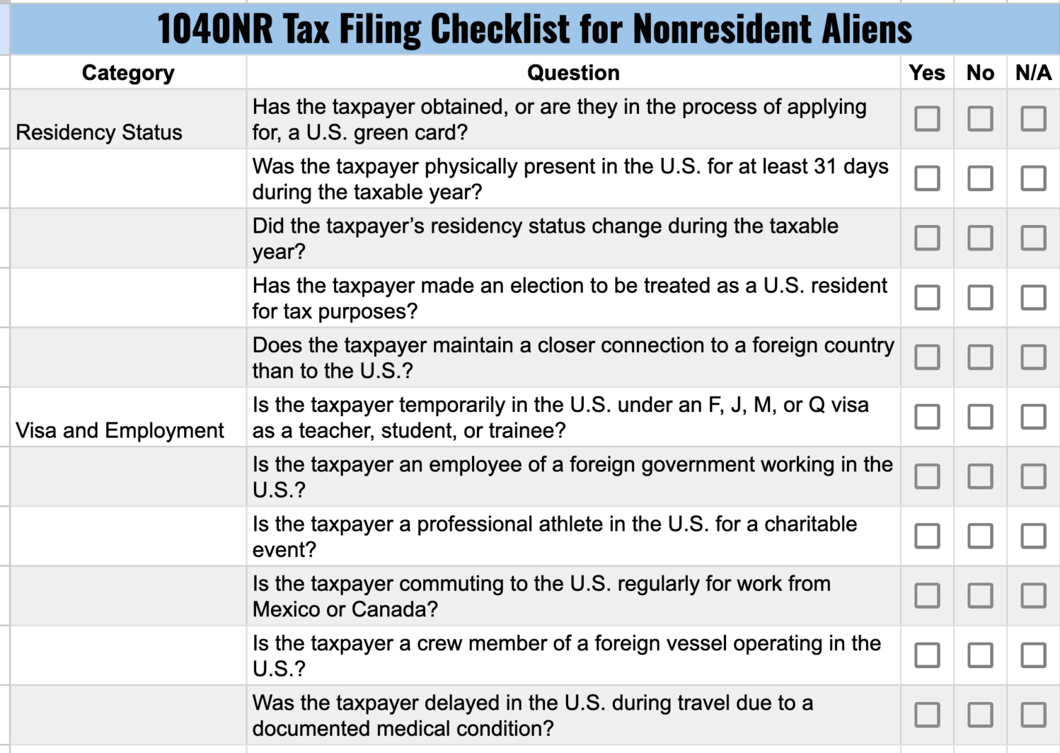 1040NR Tax Filing Checklist for Nonresident Aliens - Small Business ...