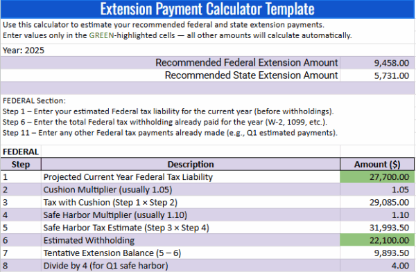 Extension Payment Calculator | Estimate Federal & State Payments with Safe Harbor | Excel GoogleSheet Template
