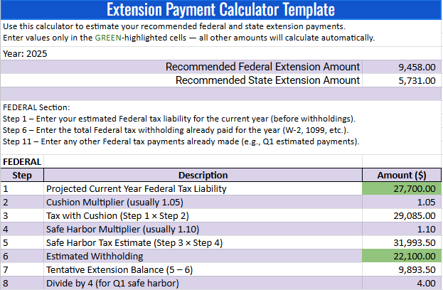 Extension Payment Calculator | Estimate Federal & State Payments with Safe Harbor | Excel GoogleSheet Template