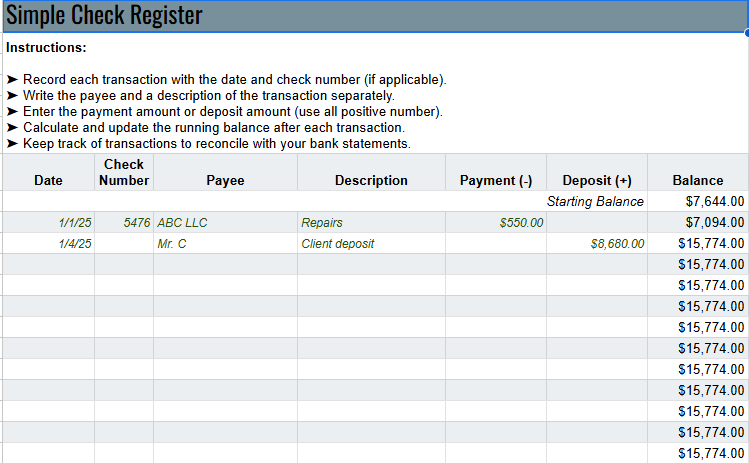 Simple Check Register Spreadsheet (Printable & Editable) Template – Excel + Google Sheets