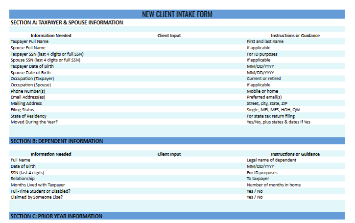 Tax Client Intake Form Bundle for CPAs, EAs & Tax Preparers – Excel + Fillable PDF + eBook Guide
