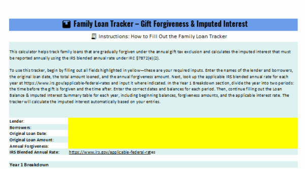 Family Loan Tracker Excel Template – Gift Forgiveness & Imputed Interest Calculator