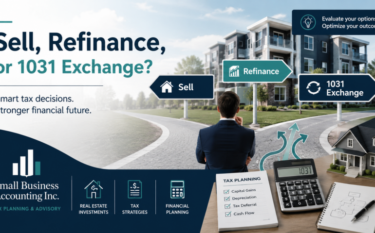 Real estate investor comparing selling, refinancing, and a 1031 exchange before selling rental property