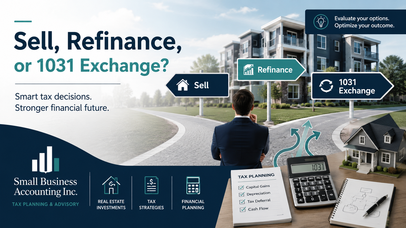Real estate investor comparing selling, refinancing, and a 1031 exchange before selling rental property