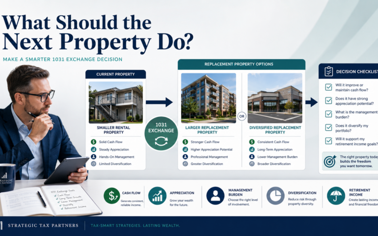 Real estate investor evaluating what a 1031 replacement property should do for cash flow appreciation management and long-term strategy