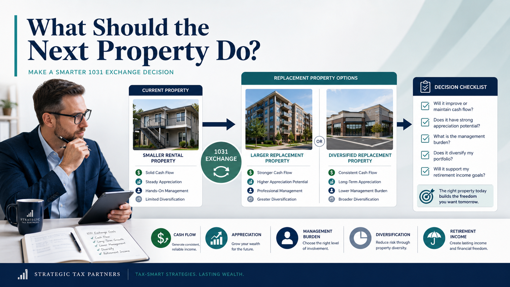 Real estate investor evaluating what a 1031 replacement property should do for cash flow appreciation management and long-term strategy