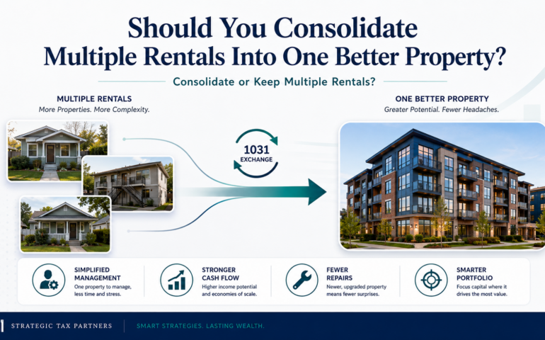Several small rental properties being consolidated into one stronger replacement property through a 1031 exchange strategy