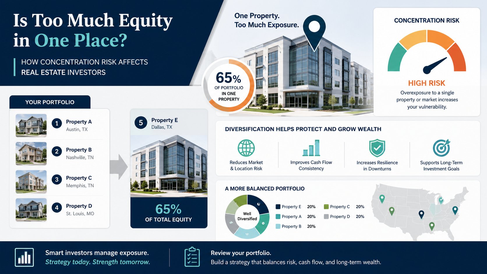 Real estate portfolio dashboard showing concentration risk across property market tenant and equity exposure