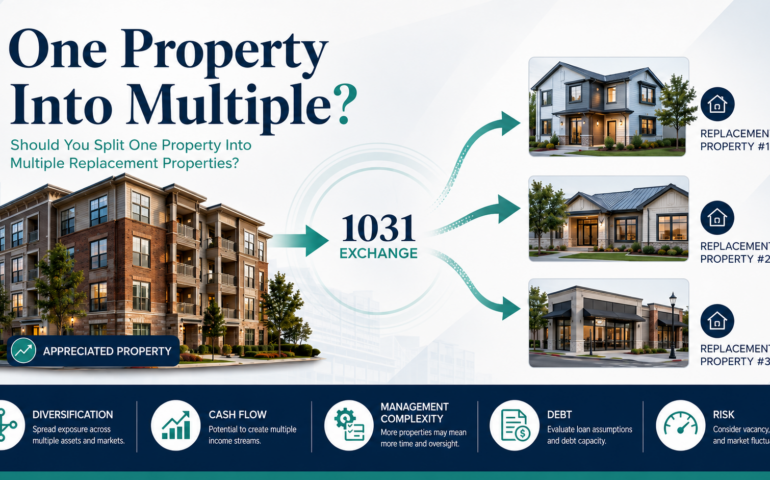 One appreciated rental property being exchanged into multiple replacement properties for diversification and portfolio planning