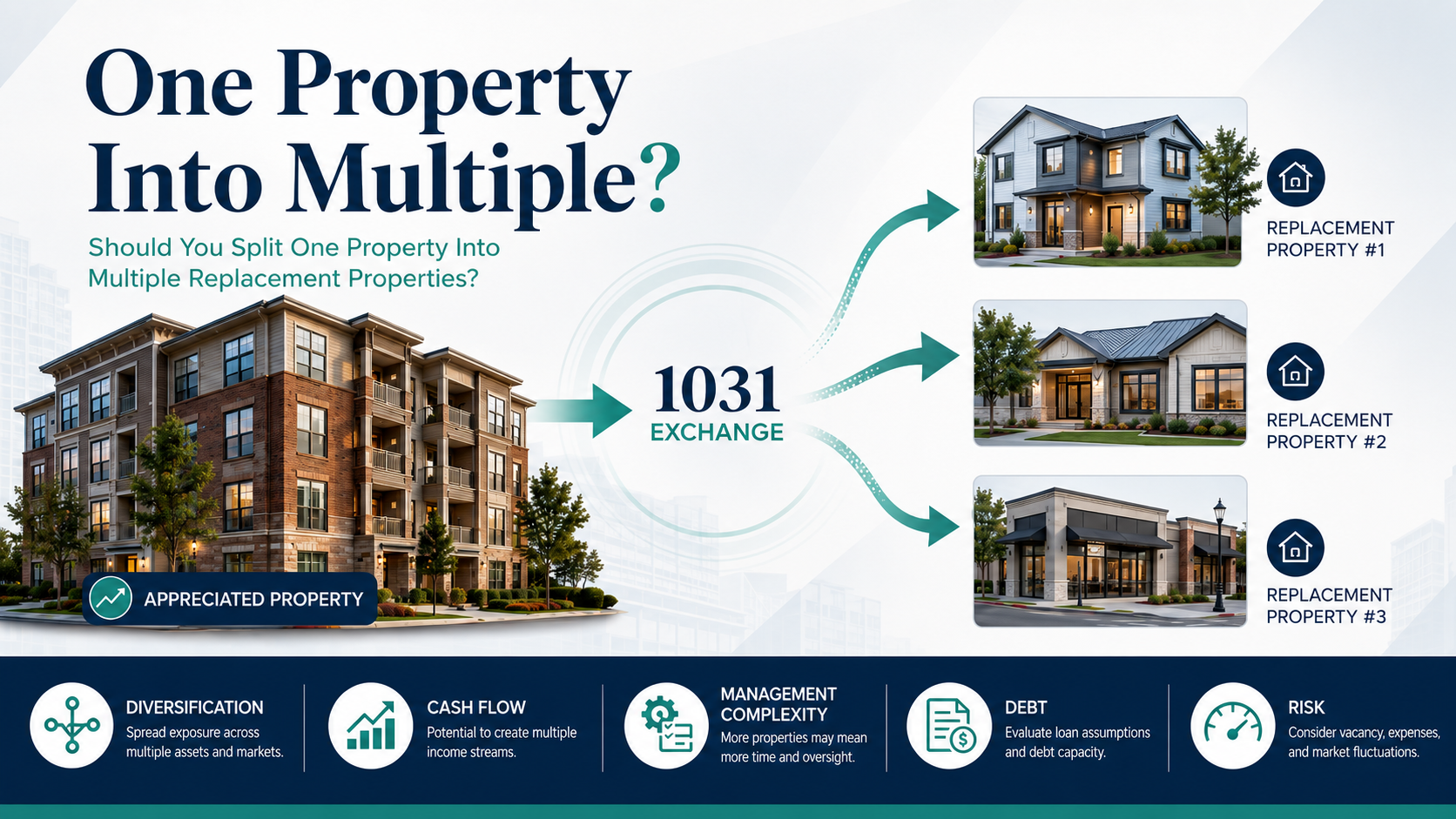 One appreciated rental property being exchanged into multiple replacement properties for diversification and portfolio planning