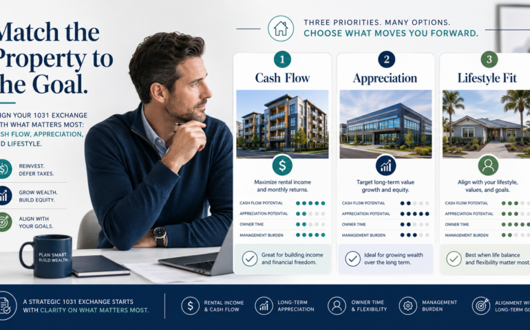 Investor matching 1031 replacement property options to cash flow appreciation and lifestyle goals