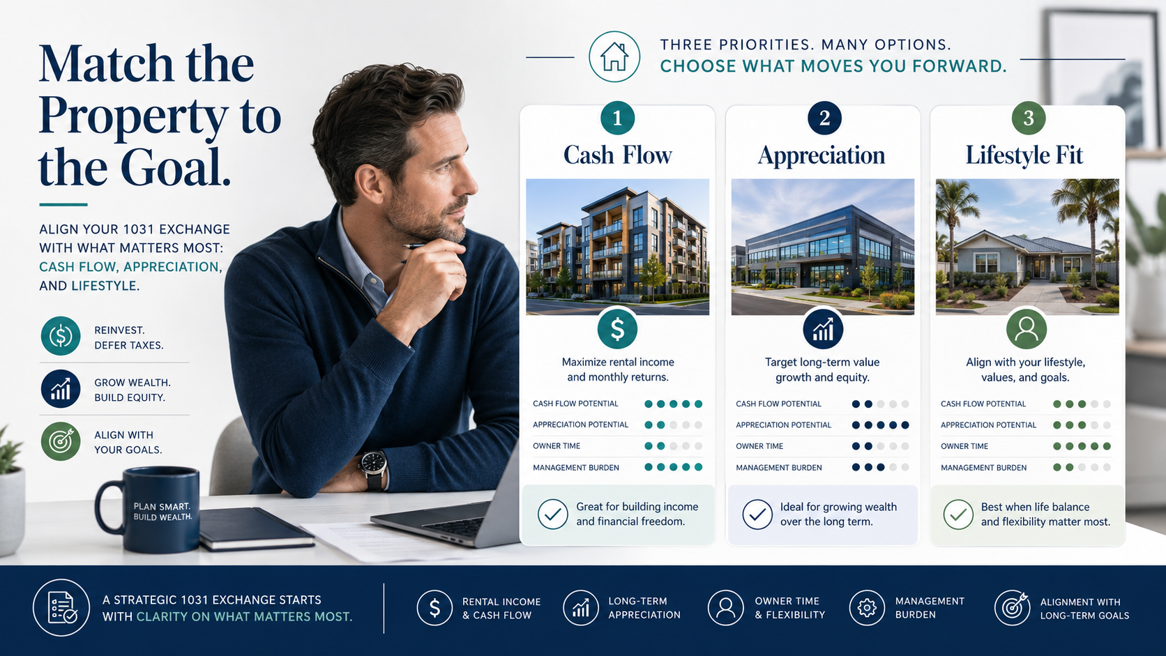 Investor matching 1031 replacement property options to cash flow appreciation and lifestyle goals