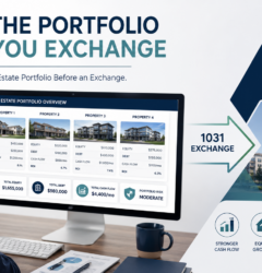 Real estate investor reviewing portfolio, equity, cash flow, risk, and replacement property strategy before a 1031 exchange
