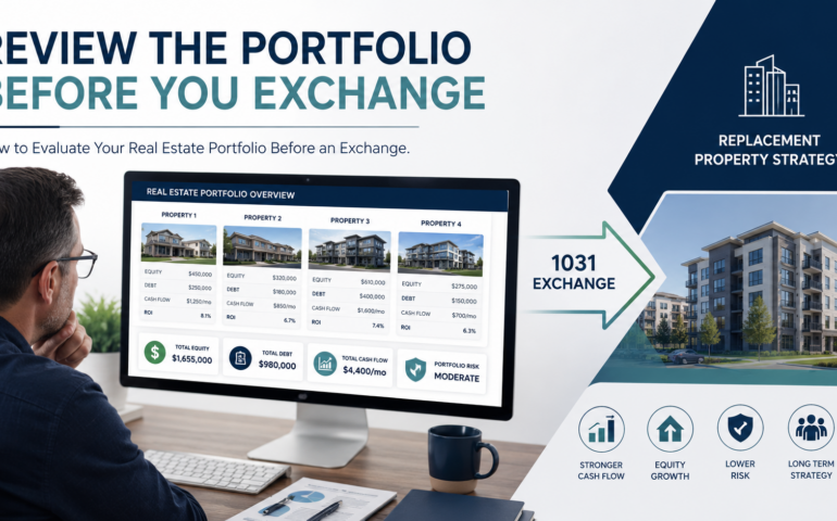 Real estate investor reviewing portfolio, equity, cash flow, risk, and replacement property strategy before a 1031 exchange