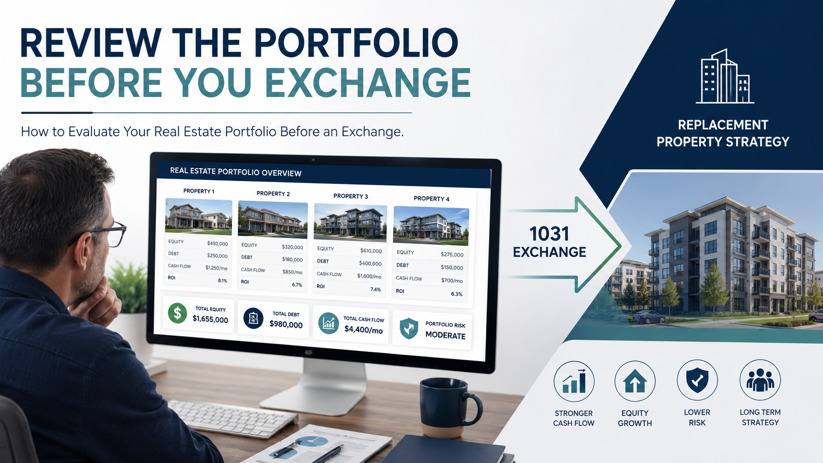 Real estate investor reviewing portfolio, equity, cash flow, risk, and replacement property strategy before a 1031 exchange