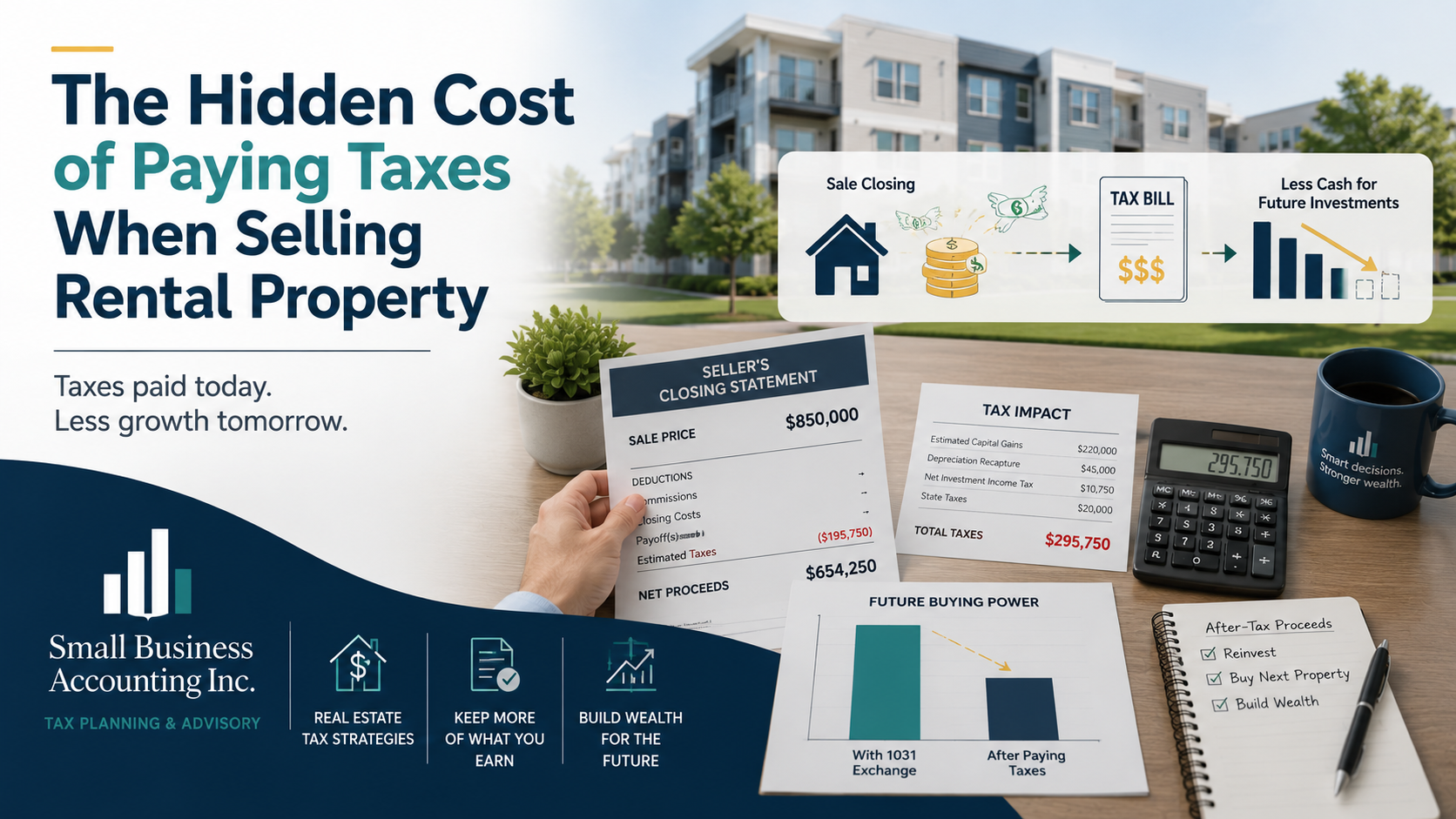 Rental property owner reviewing capital gains tax and reinvestment options before selling