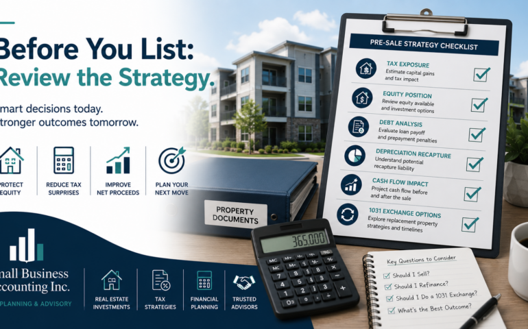 Landlord reviewing tax, debt, equity, and 1031 exchange checklist before listing rental property