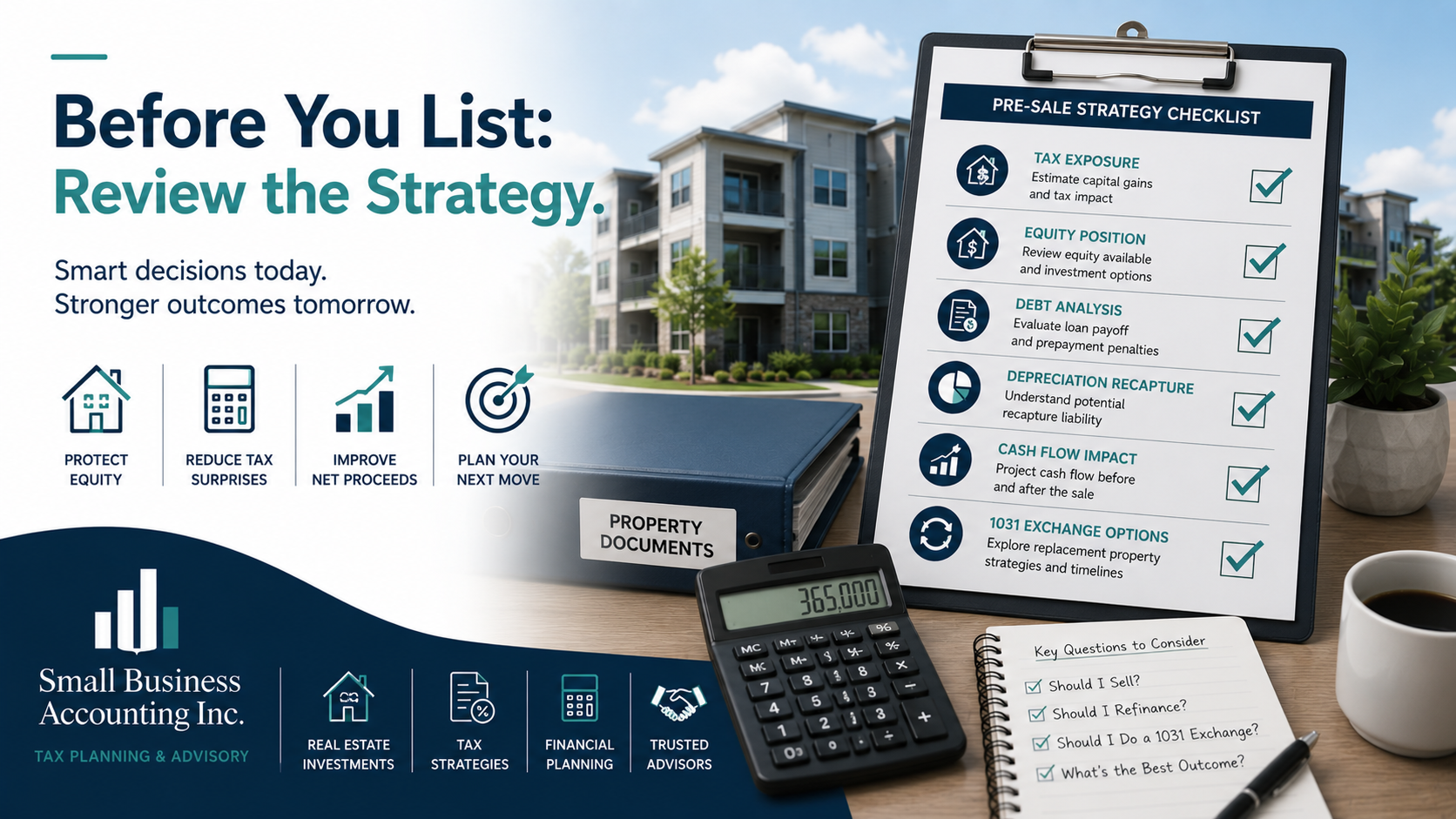 Landlord reviewing tax, debt, equity, and 1031 exchange checklist before listing rental property