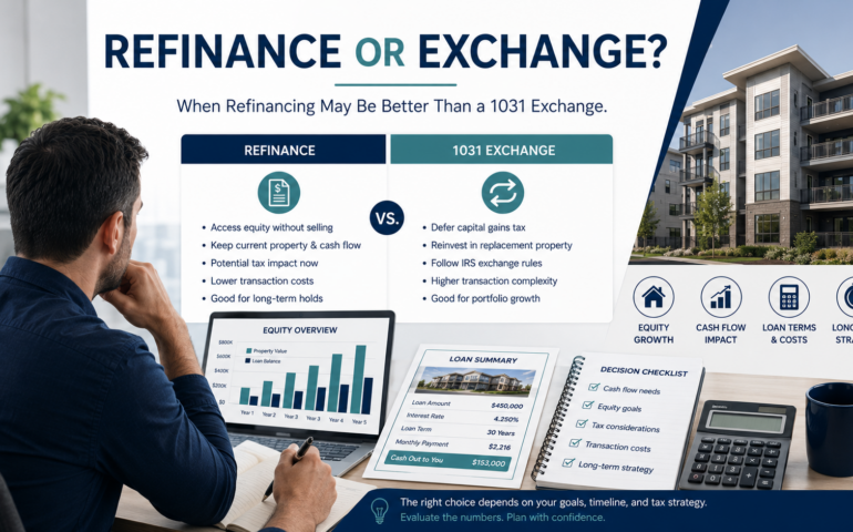Investor comparing refinancing a rental property with a 1031 exchange strategy