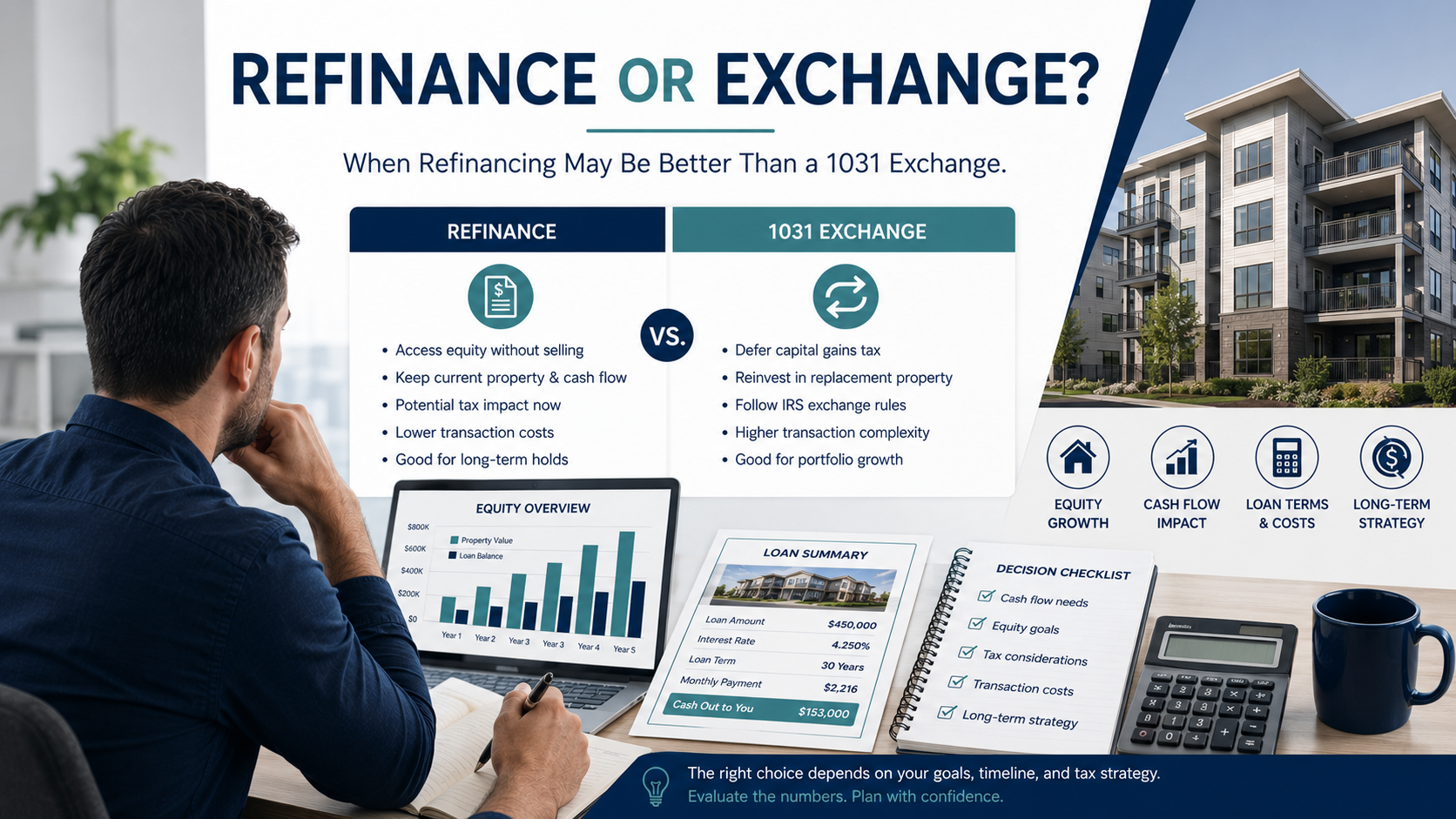 Investor comparing refinancing a rental property with a 1031 exchange strategy