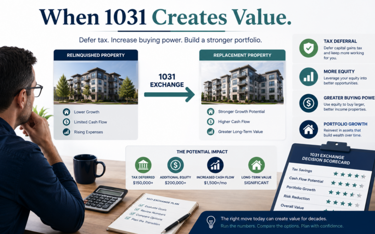 Real estate investor evaluating when a 1031 exchange creates the most value through tax deferral and replacement property strategy