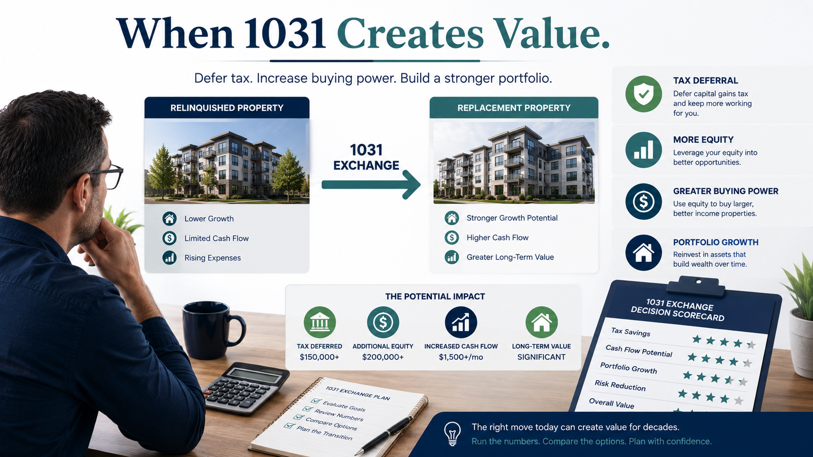Real estate investor evaluating when a 1031 exchange creates the most value through tax deferral and replacement property strategy