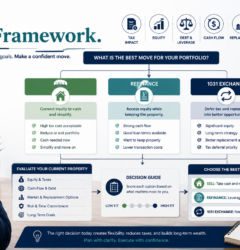 Decision framework showing sell refinance or 1031 exchange options for rental property investors