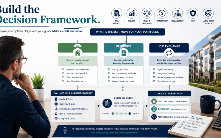 Decision framework showing sell refinance or 1031 exchange options for rental property investors