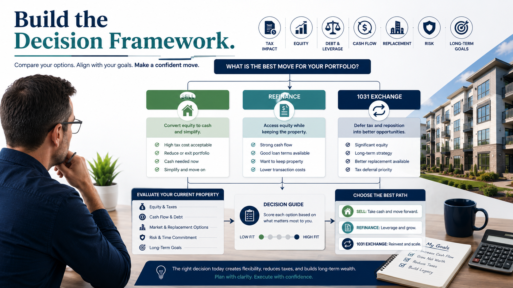 Decision framework showing sell refinance or 1031 exchange options for rental property investors